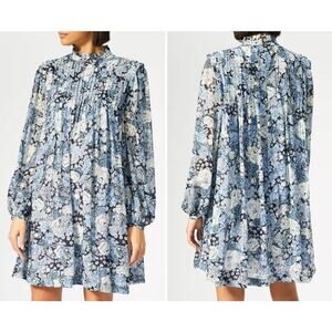 GANNI Elm Georgette Mini Dress Blue Floral Size 40 Long Sleeve Modest Viscose